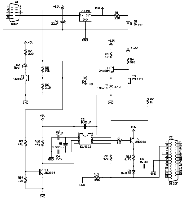 OBD II J1850 VPW to RS-232 interface cable schematic