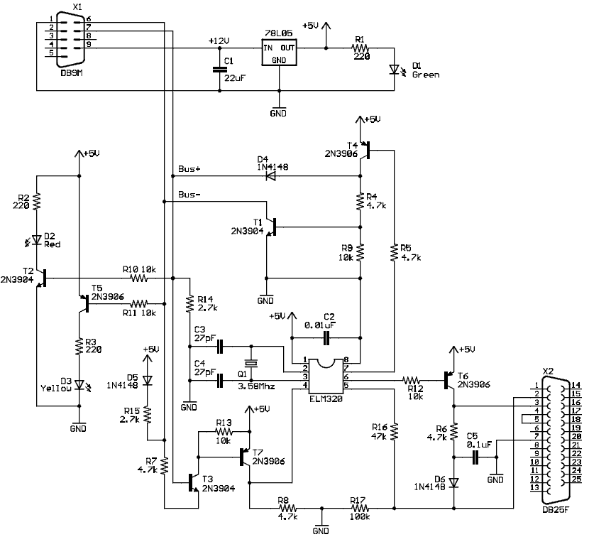 OBD II J1850 PWM to RS-232 interface cable schematic